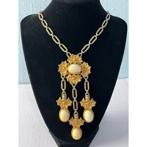 VTG Victorian Revival Statement Necklace Gold Tone Cream Cabochon Bib Drop